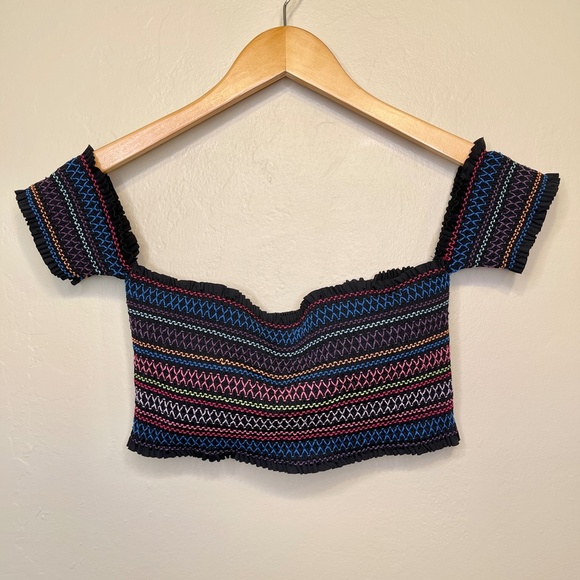 Bar III | Crochet Smocked Off Shoulder Padded Chest Harness Bralette Crop Top - Picture 4 of 10